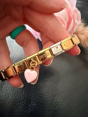 Mother’s Day Italian Charm Bracelet with Heart Dangle – Gold Tone